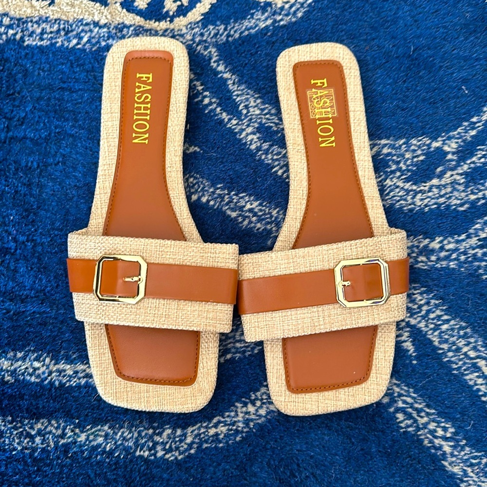 Flats with canvas gold details cognac vegan leather detailing. Size 8.5 BNWOT